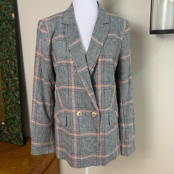 1.STATE Size 10 Double Breasted Blazer Jacket Black White Rust Orange Plaid - Picture 4 of 14